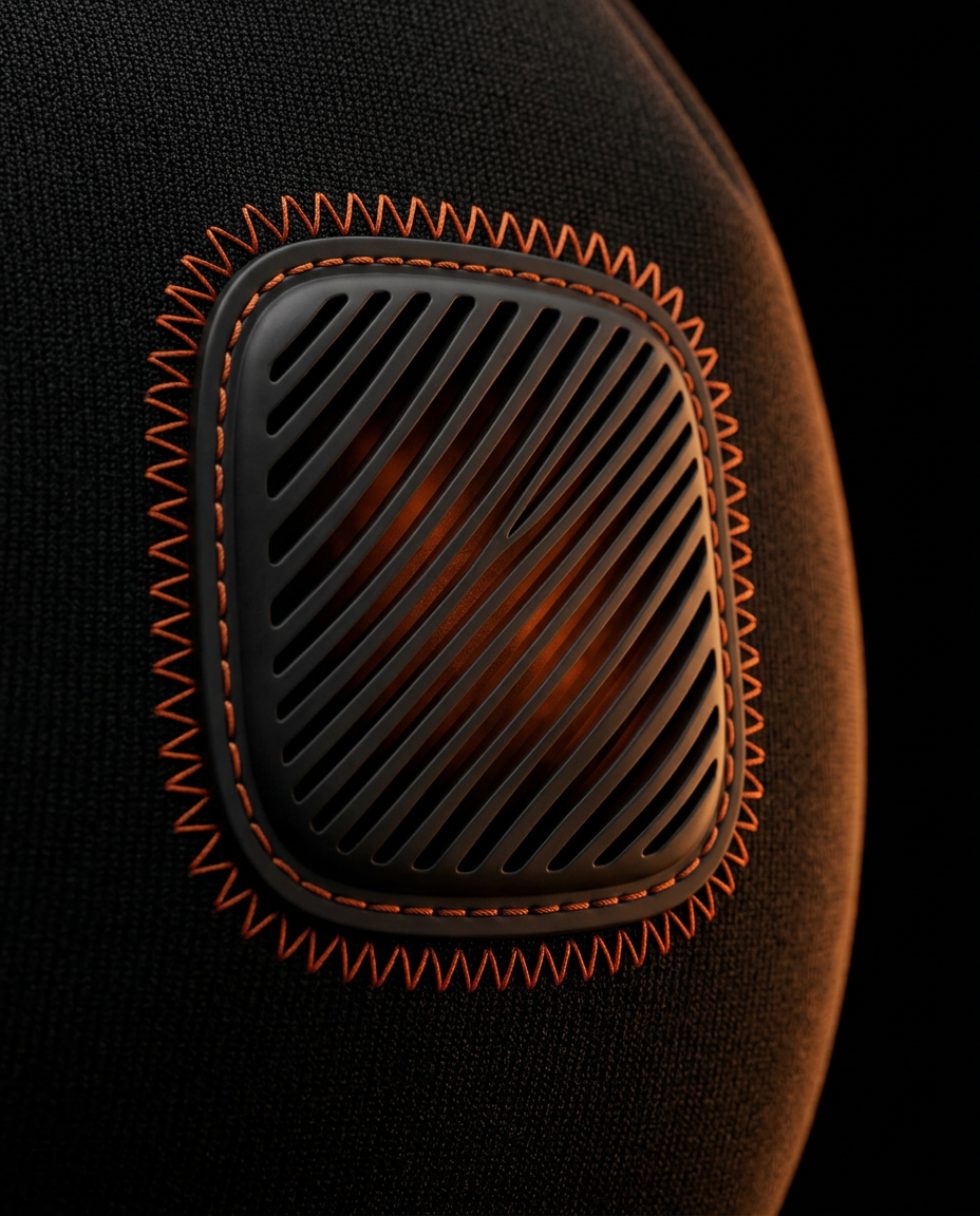 Macro of the heated mask vent grille glowing warm orange through the slats