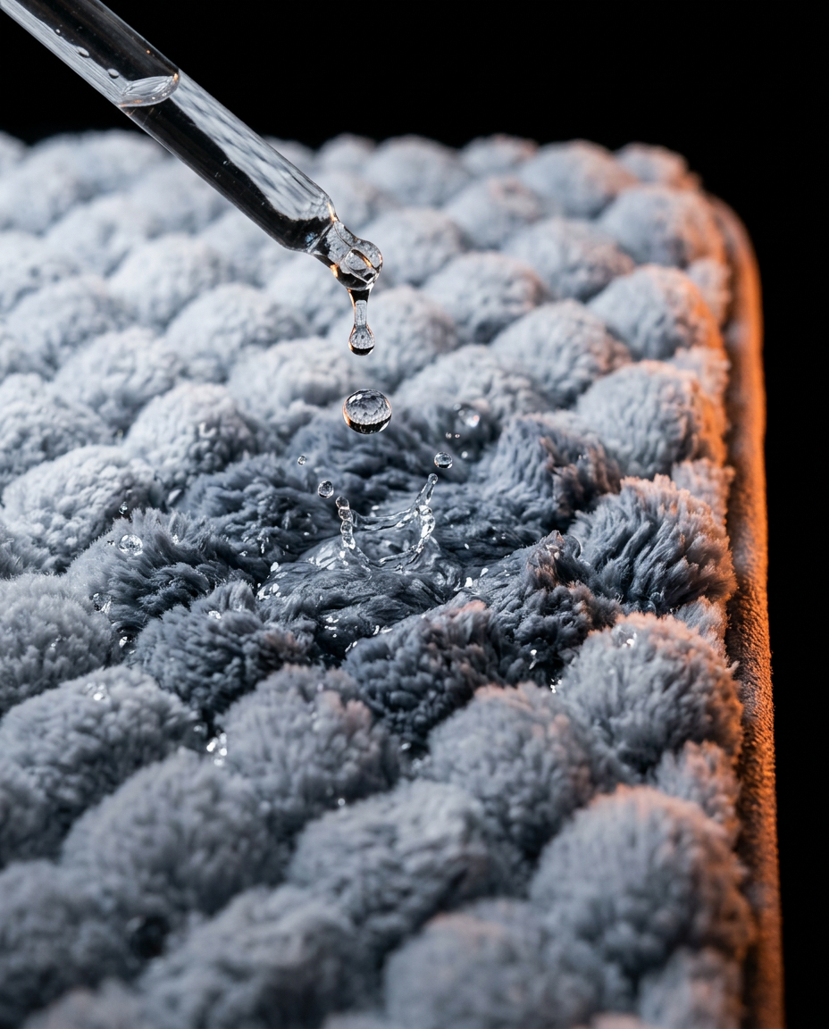 Water droplet absorbing into the bath mat pebble surface, macro shot