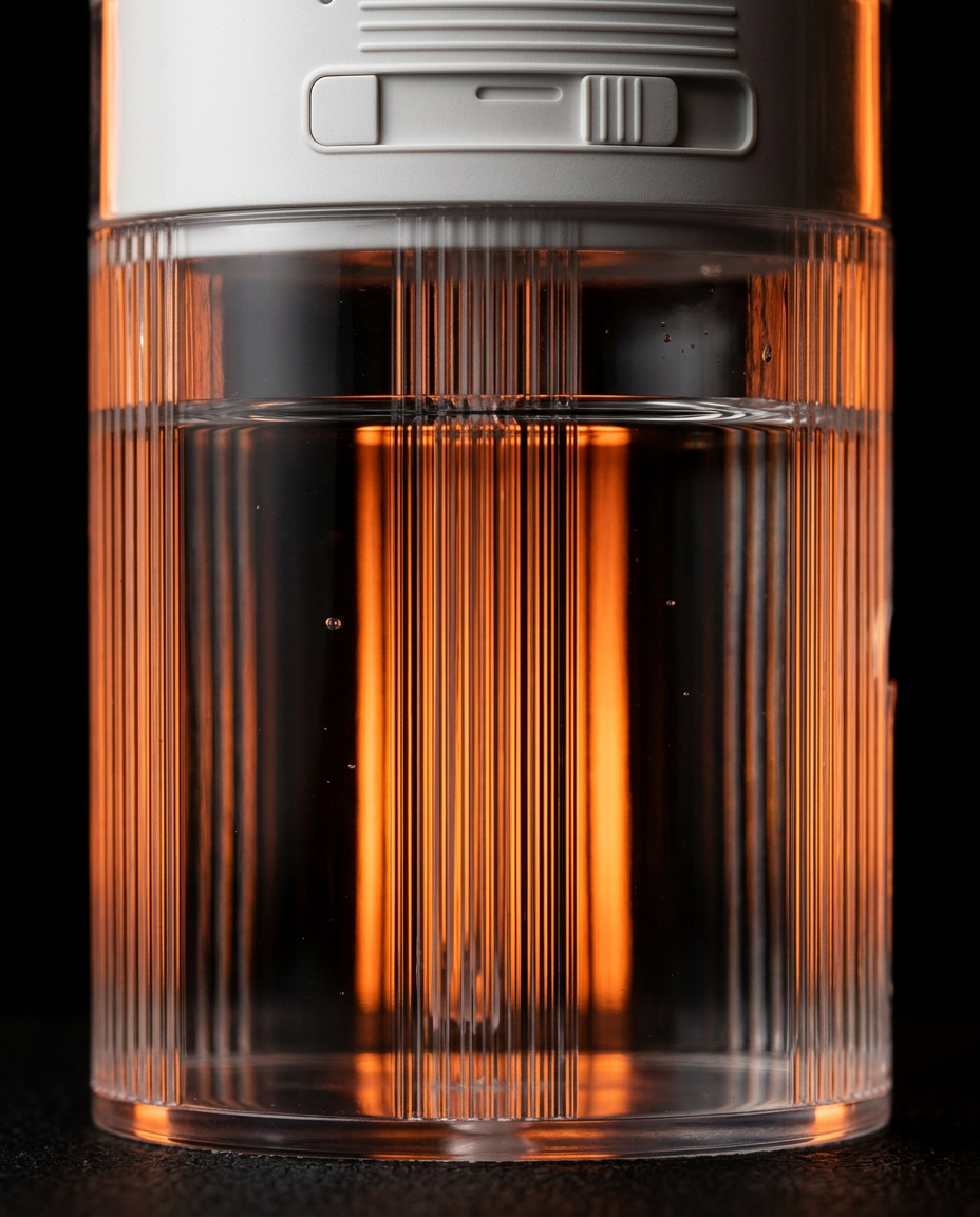 Close-up of the clear ribbed detachable water tank filled with water