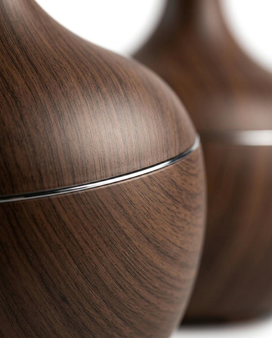 Macro of the diffuser wood-grain texture and chrome accent ring