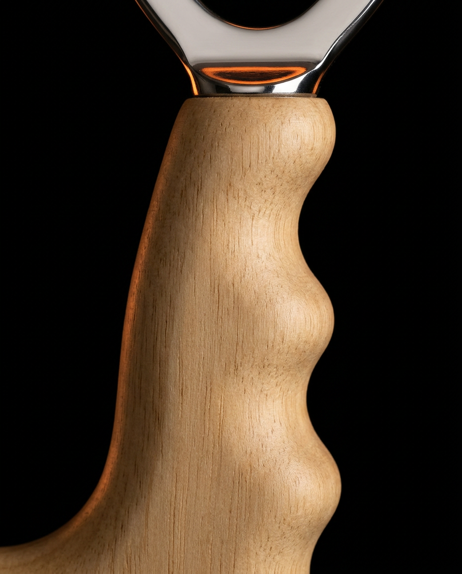 Close-up of the contoured natural birch wood handle of the fascia tool