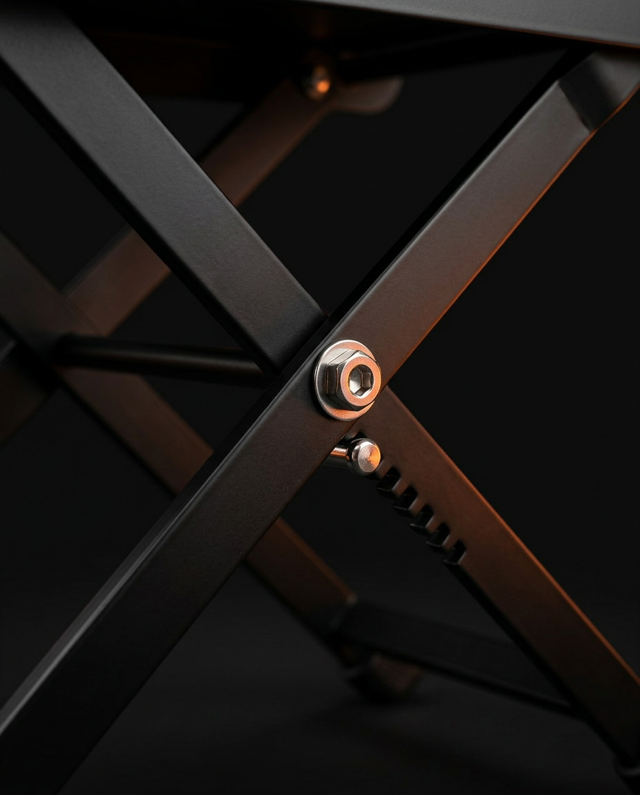Macro of the footrest's X-frame pivot hinge and height-adjustment notches