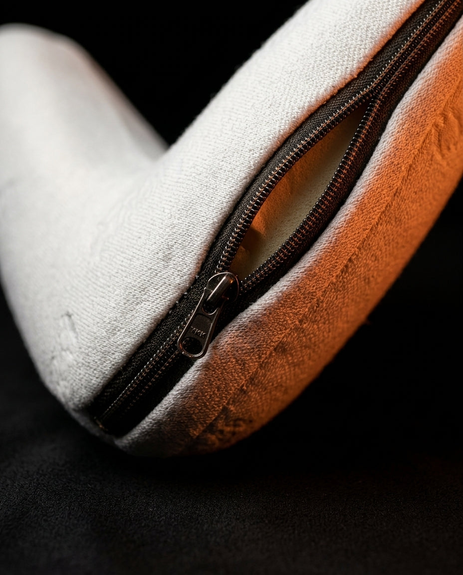 Partially unzipped removable knit cover revealing the foam pillow inside