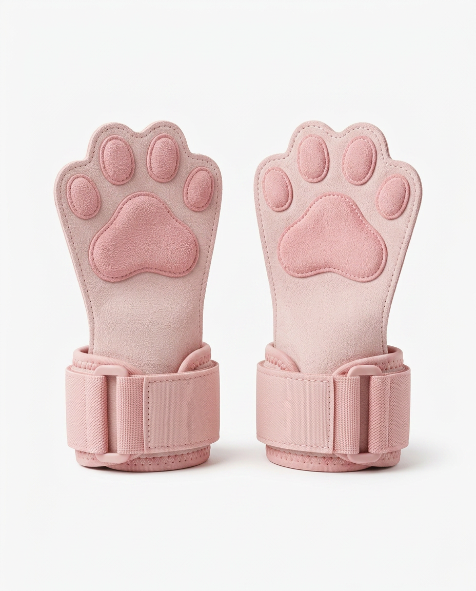 Pair of pink paw-shaped lifting grips with wrist straps on white
