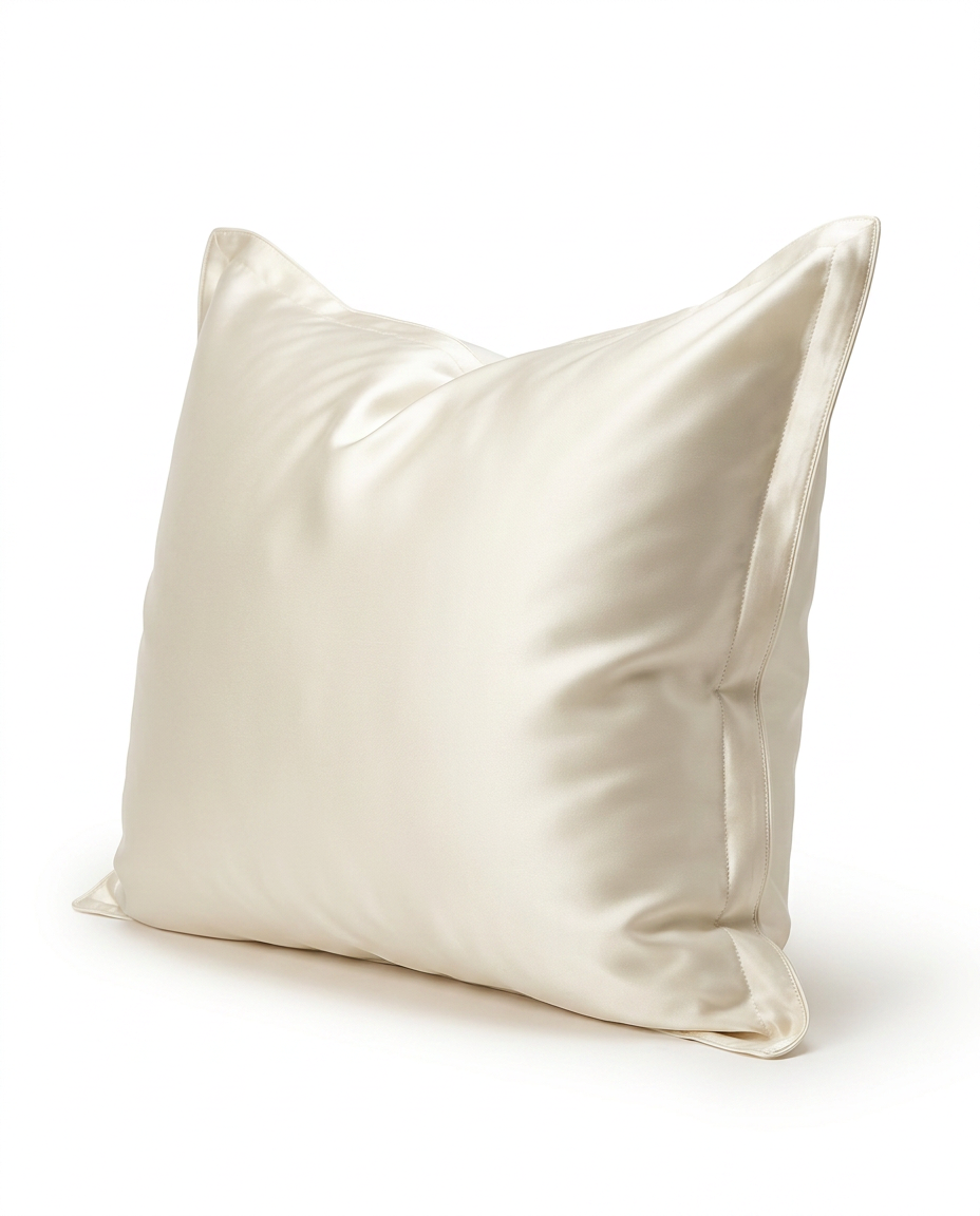 Ivory white mulberry silk pillowcase on a pillow, studio on white