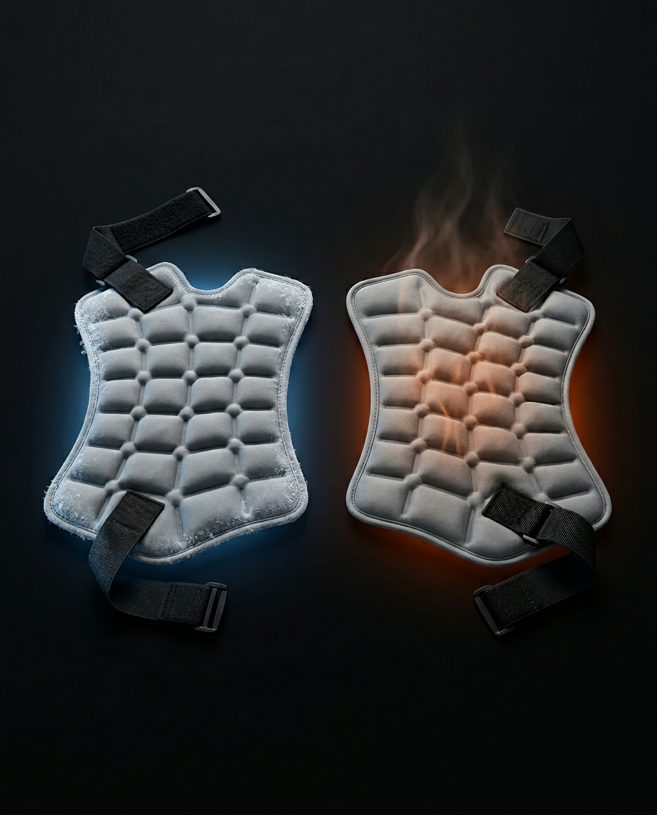 Two comfort pads showing cold blue and hot orange massage states side by side