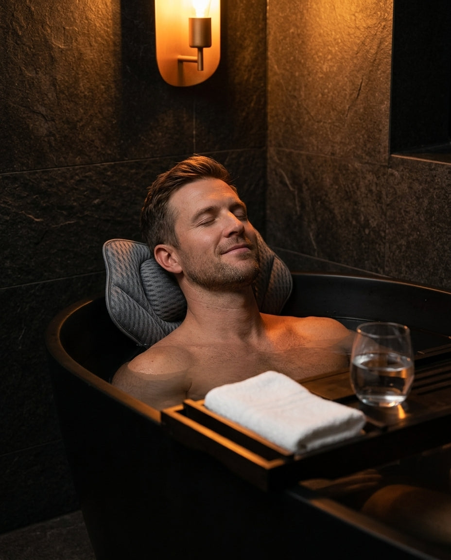 Man relaxing in a dark stone tub, head resting on the grey bath support pillow