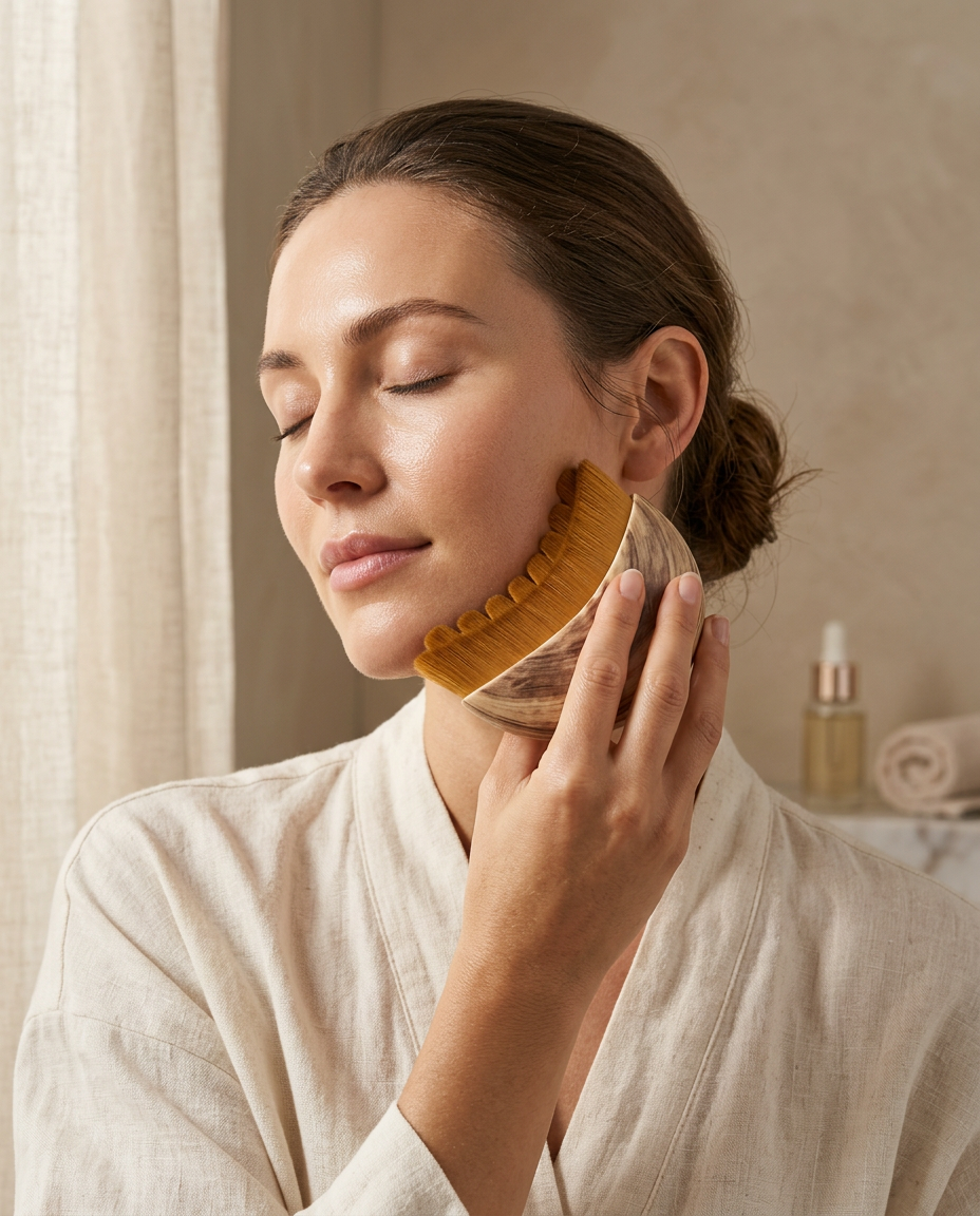 Woman gliding the facial comb along her jawline during a relaxing massage