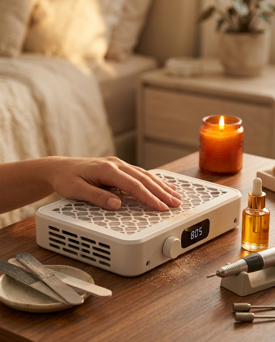 Hand resting on the nail dust collector at a cozy home manicure setup with candle