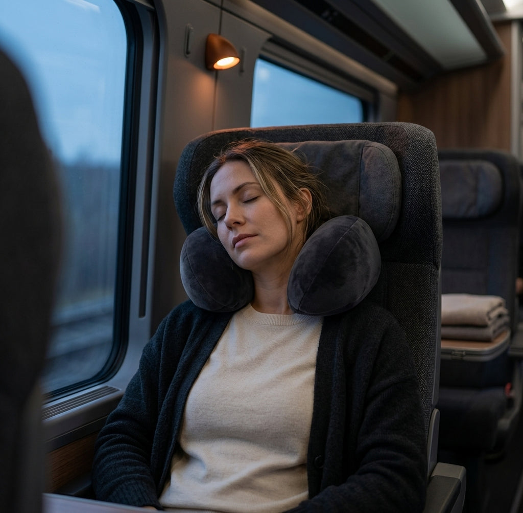 Woman napping on a train with grey travel neck support pillow holding her head