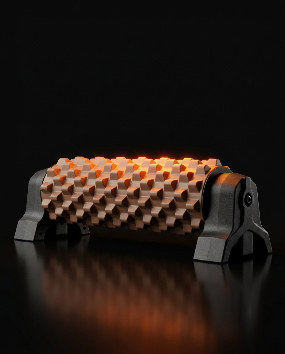 Three-quarter studio shot of the textured foam roller on its black stand