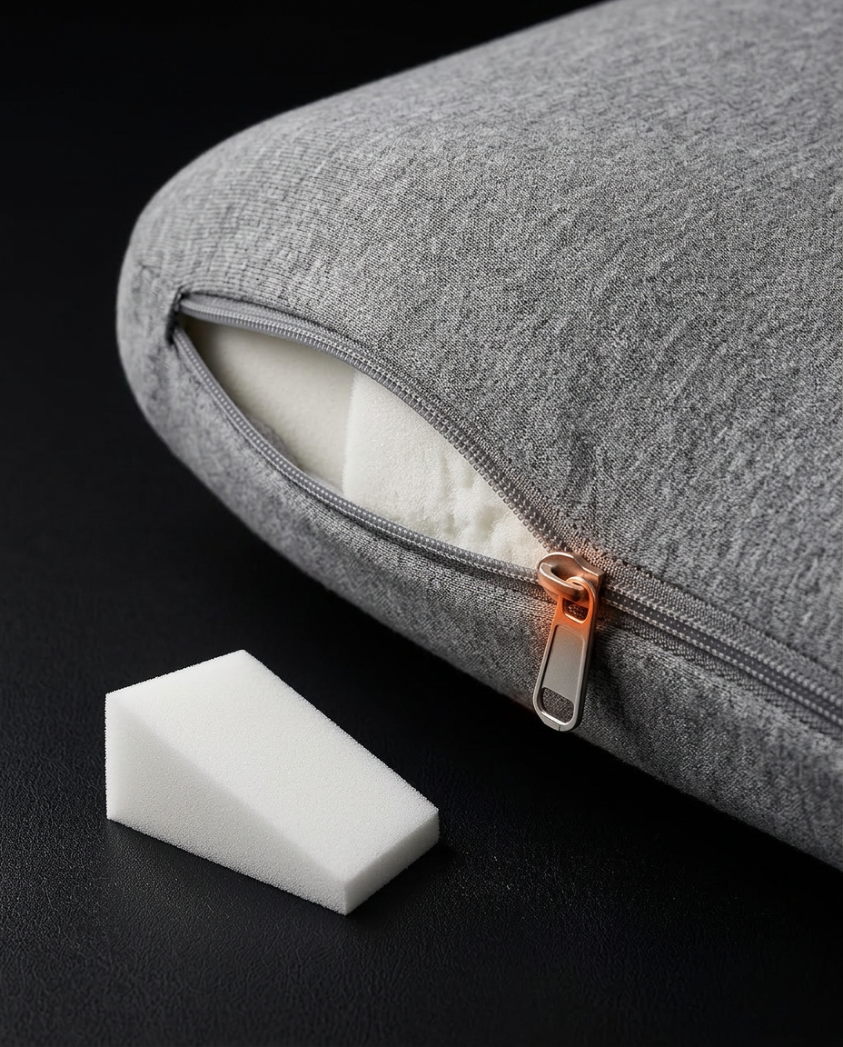 Open zipper revealing a removable foam insert for adjustable cushion loft