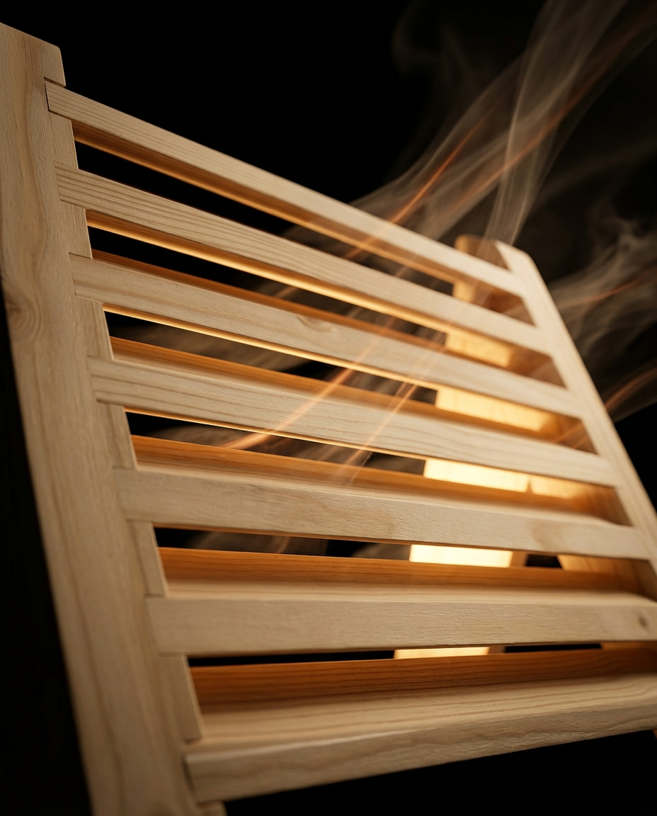 Backlit sauna grille with steam flowing through the slats to show airflow