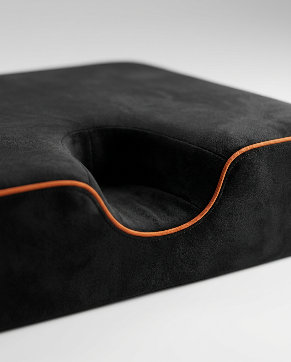 Contoured ankle cradle notch with orange piping on the kneeling cushion