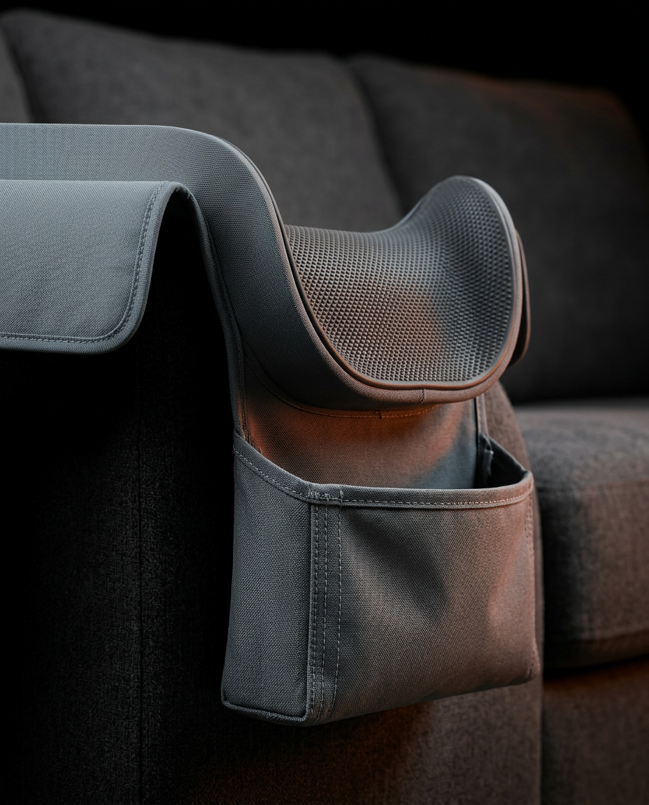 Anti-slip anchor flap draping over a sofa armrest to hold the organizer in place