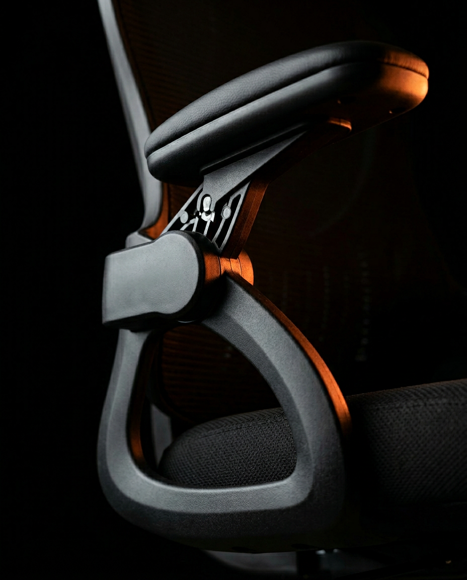Macro of the office chair's flip-up padded armrest and hinge mechanism