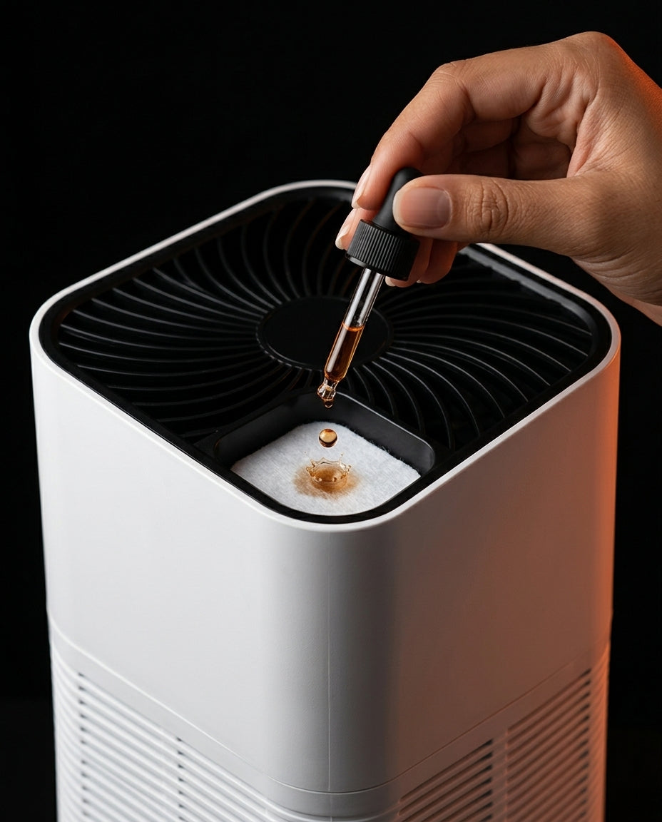 Hand dropping essential oil onto the air purifier's aromatherapy pad