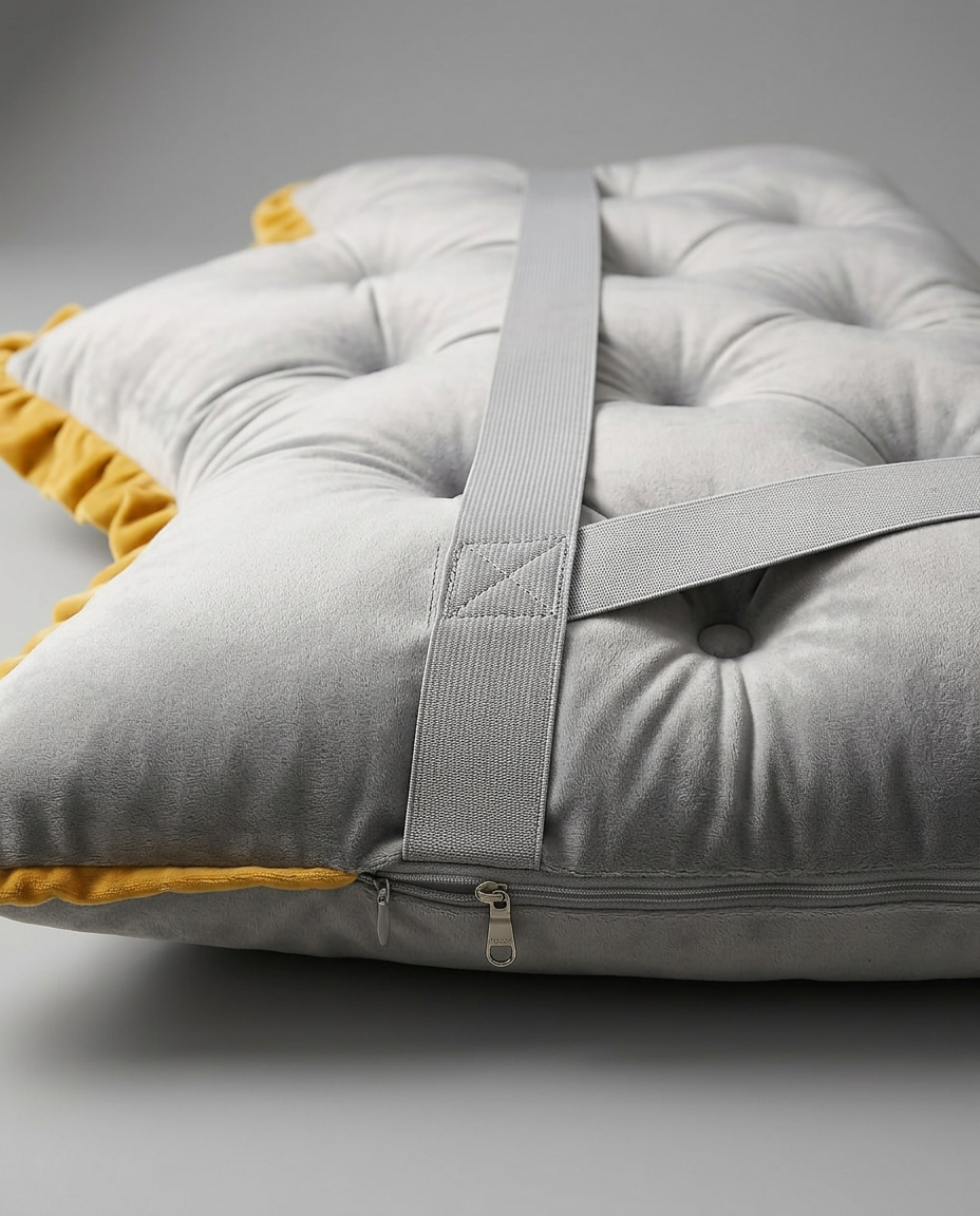 Macro of the rear anchor strap and zipper closure on the grey backrest cushion