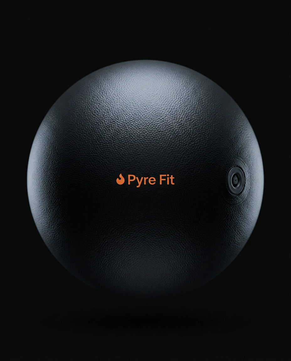 Black anti-burst pilates exercise ball with Pyre Fit logo on dark backdrop