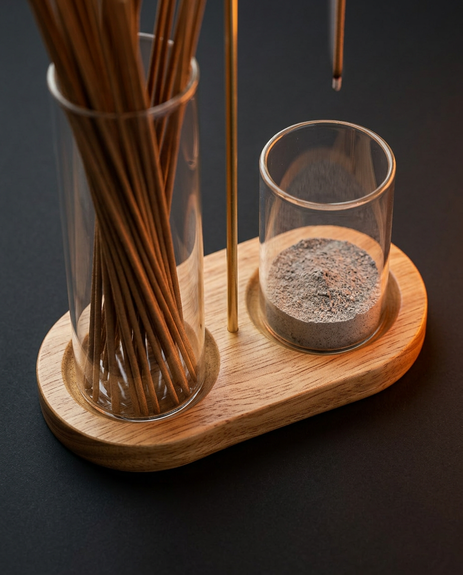 Detail of the oval wood base holding the stick vessel and ash glass of the incense set
