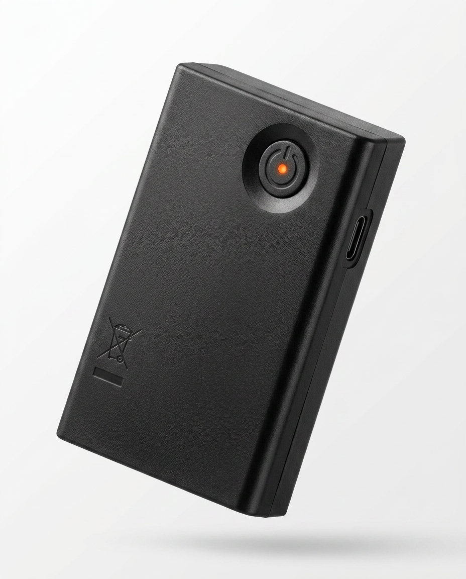 Black rechargeable battery pack that powers the winter heated socks