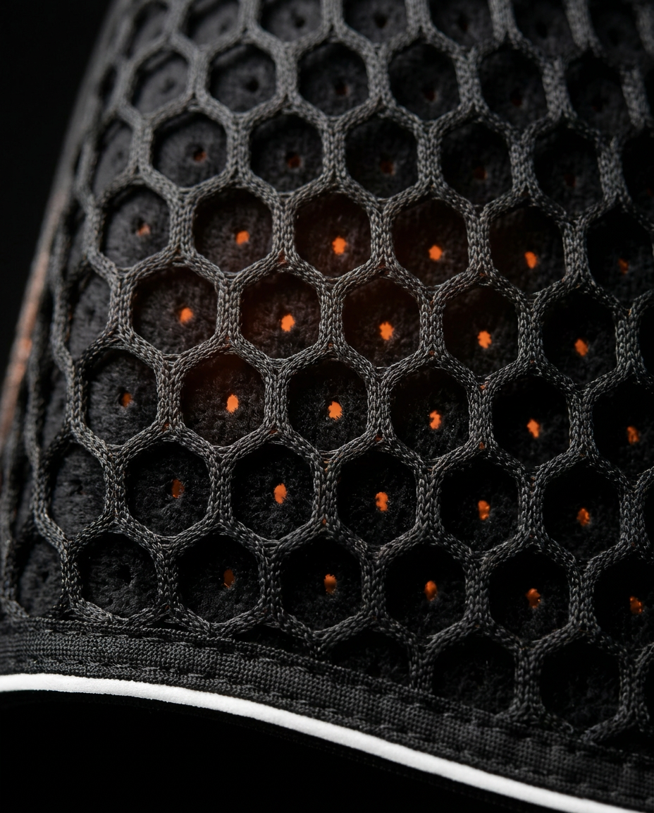 Close-up of the breathable honeycomb mesh fabric on the back belt