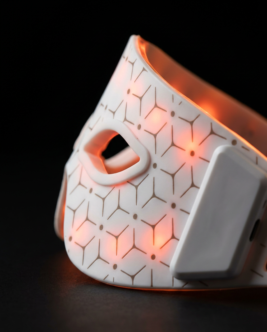 Detail of the contoured brow ridge and eye openings on the LED mask