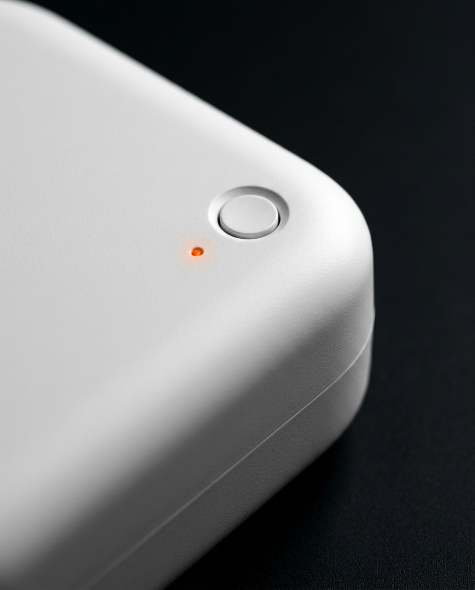 Close-up of the diffuser's single power button and indicator light on white