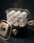 Towel warmer with lid off showing six rolled towels and the open capacity