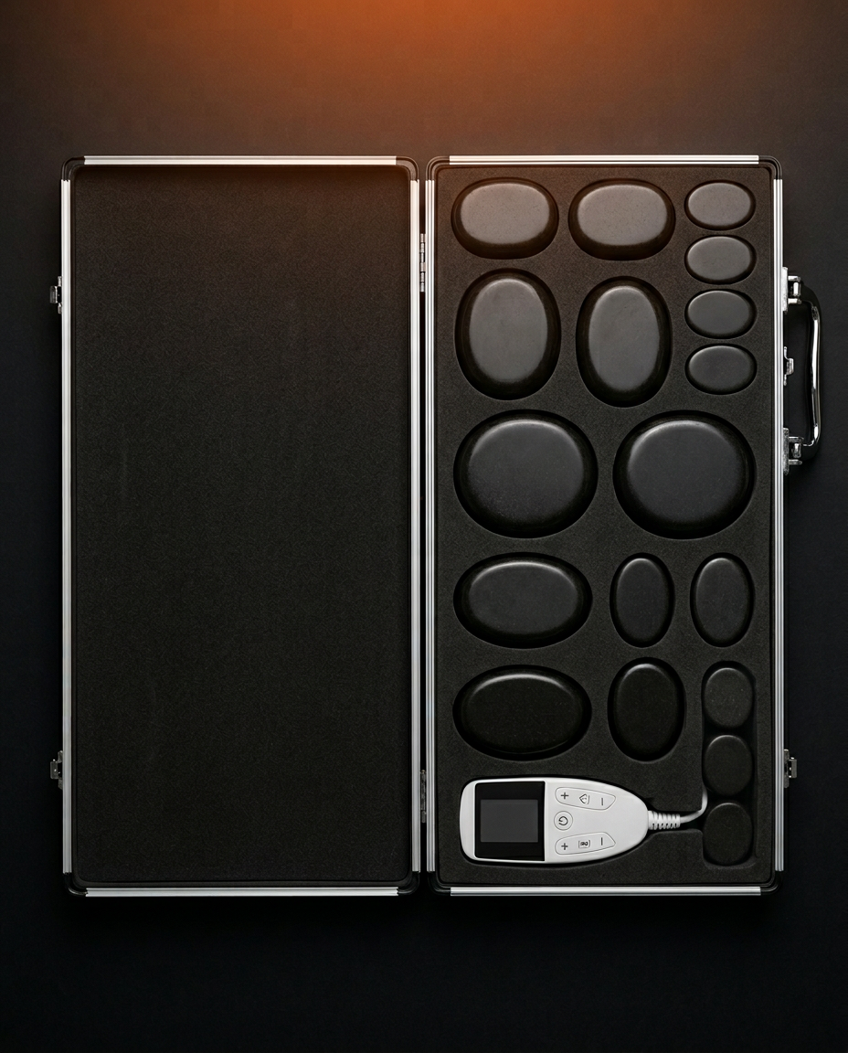 Open carry case showing the basalt stones arranged in fitted foam slots