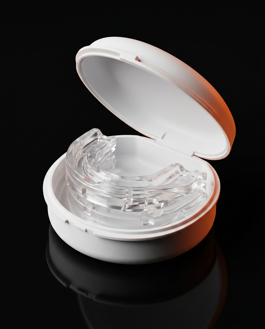 Mouth guard resting in its open white case on a reflective black surface