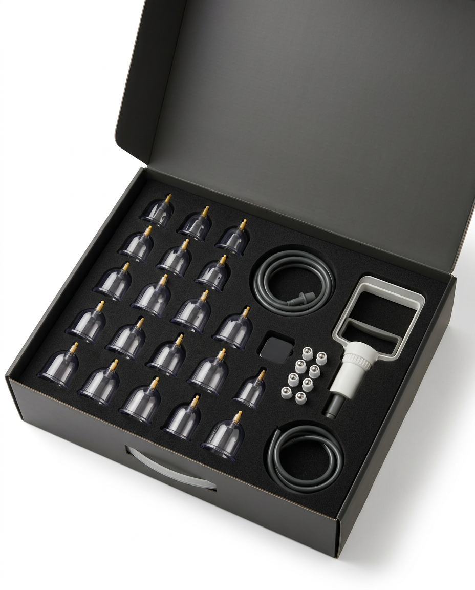 Open case showing cupping cups, hand pump and rings in fitted slots