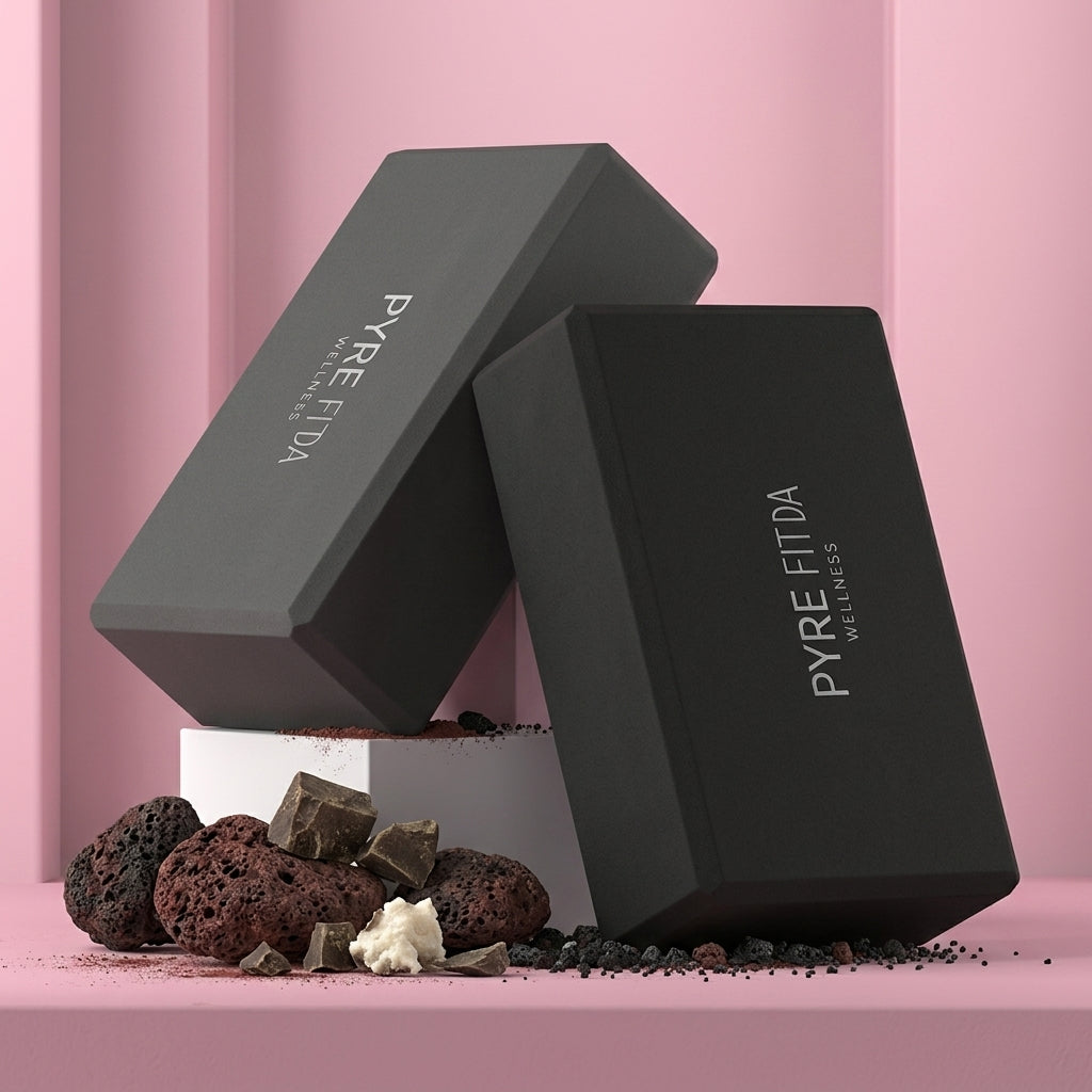 Two black foam yoga blocks staged on a pink set, showing chamfered edges