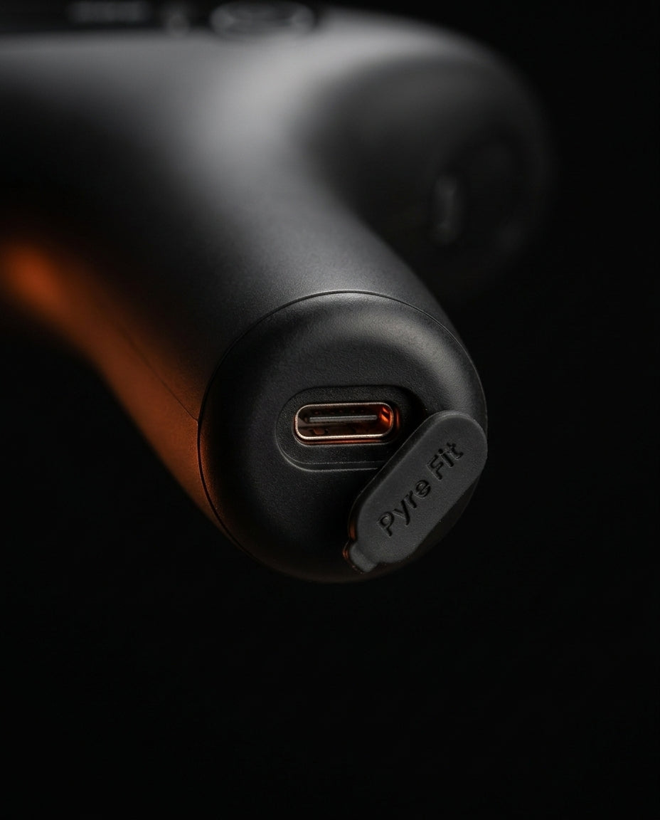 Macro of the USB-C charging port at the base of the massage gun handle