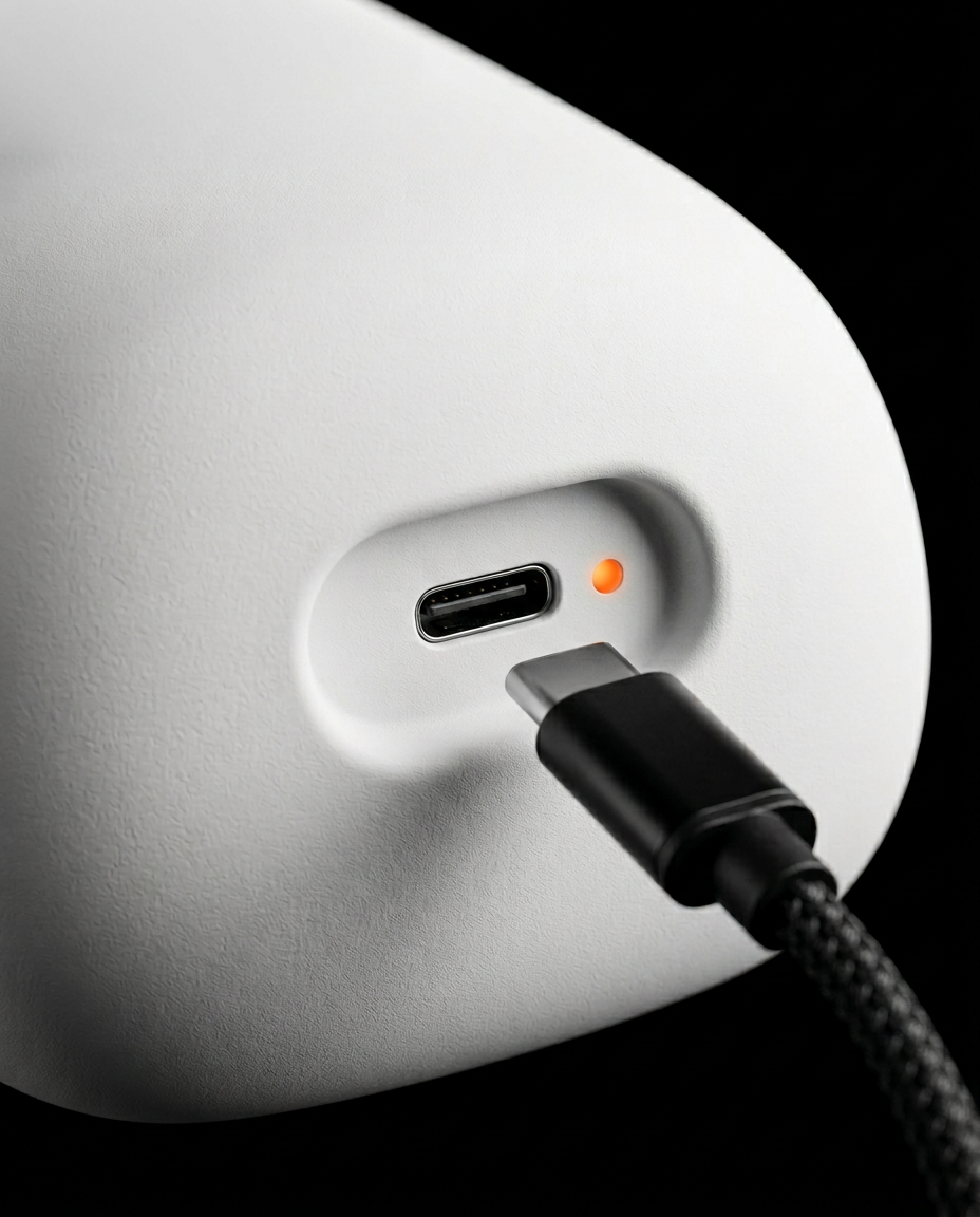 Macro of the USB-C charging port with cable on the cordless hand massager