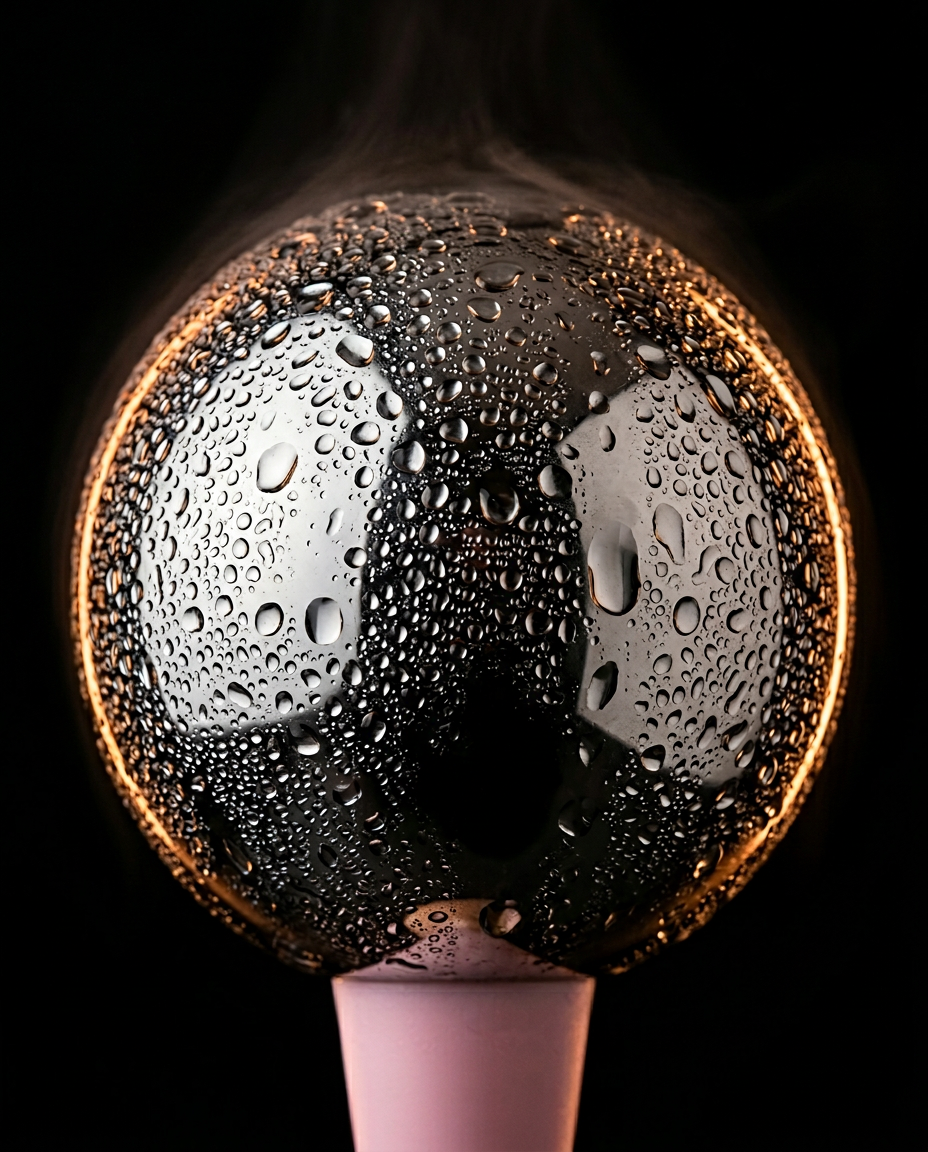 Macro of the chilled steel roller head misting cold vapor on black