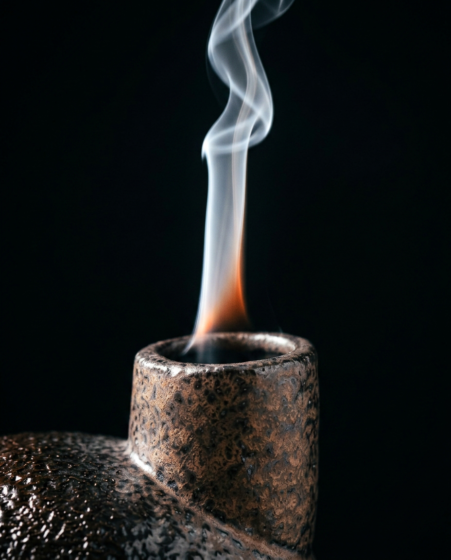 Close-up of smoke curling from the chimney spout of the ritual burner