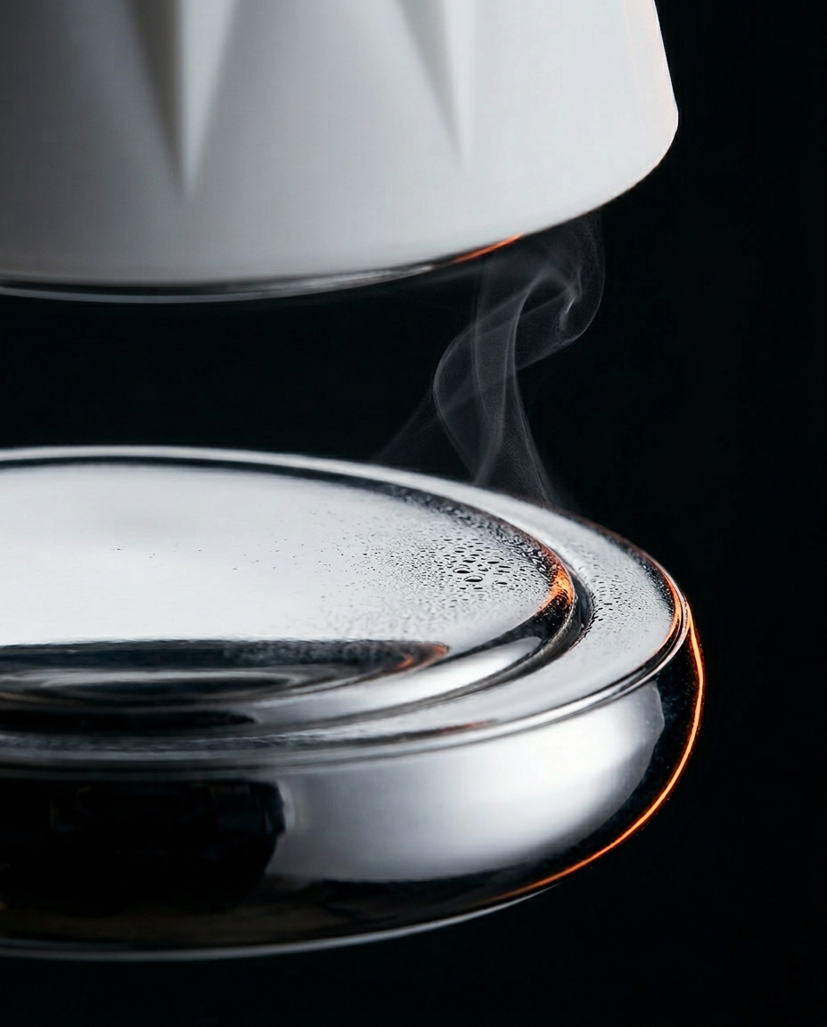 Macro of the cold stainless steel base plate with condensation and rising mist