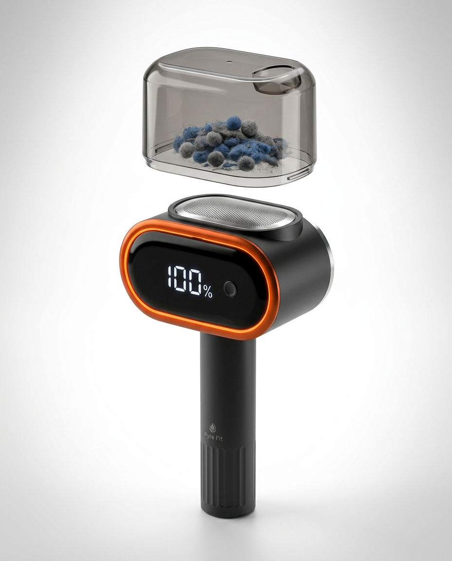 Fabric shaver with detachable lint chamber lifted off, full of collected pills