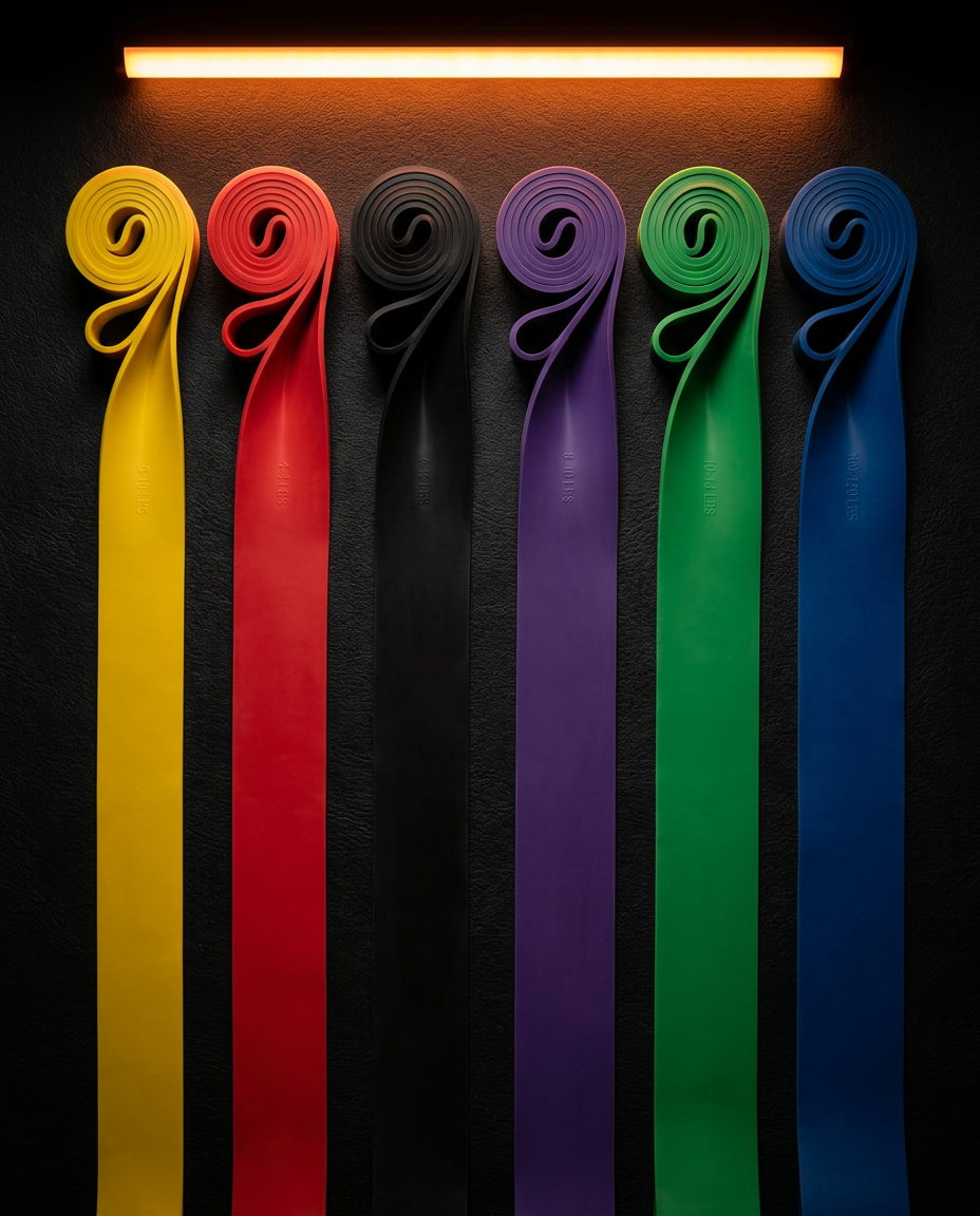 Six color-coded resistance bands hanging in a row under warm lighting
