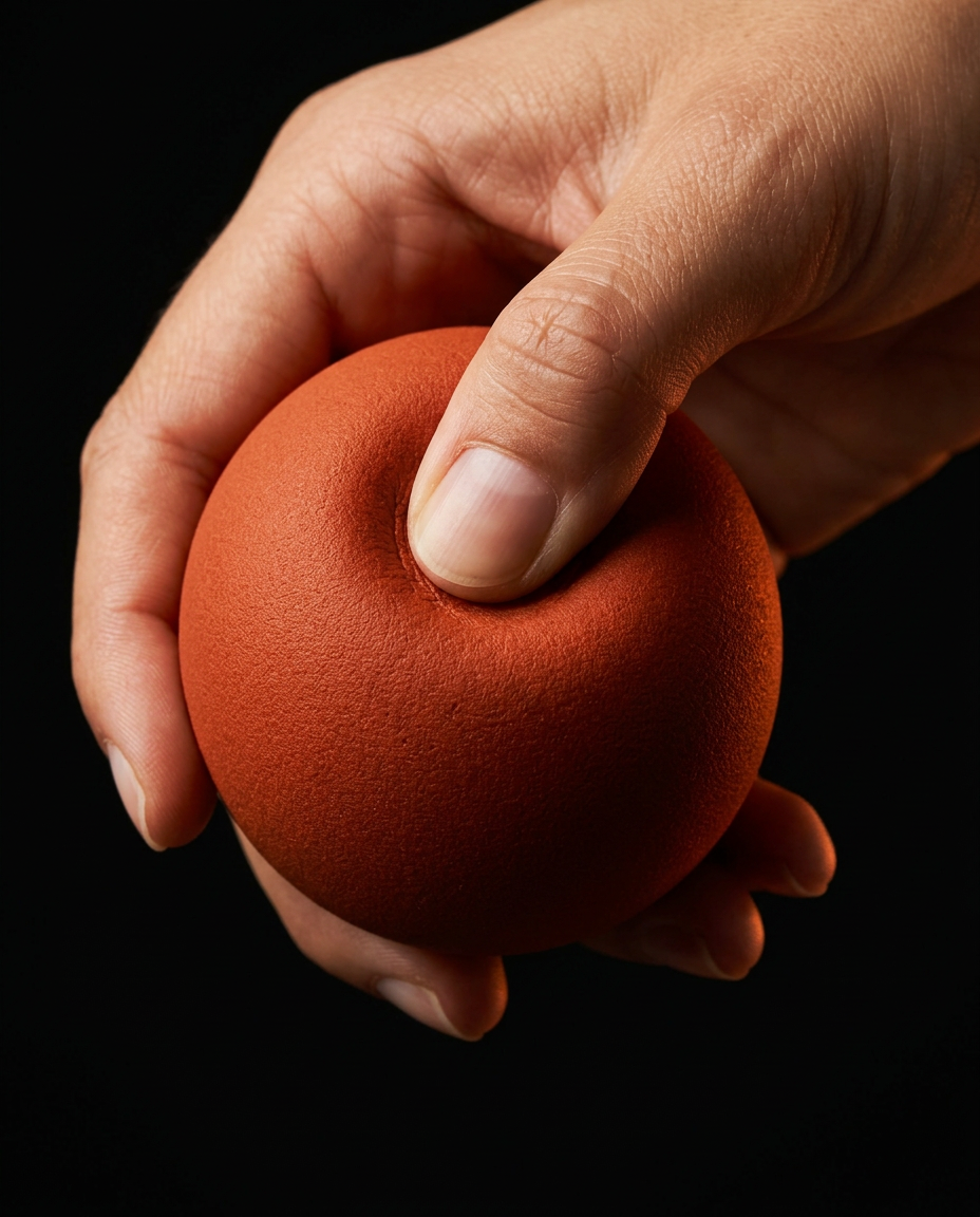 Hand squeezing the orange mobility ball to show its soft compressible give