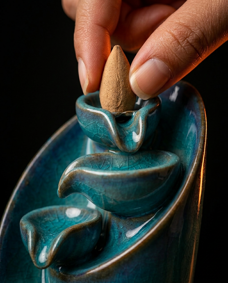 Hand placing a backflow incense cone on top of the waterfall burner