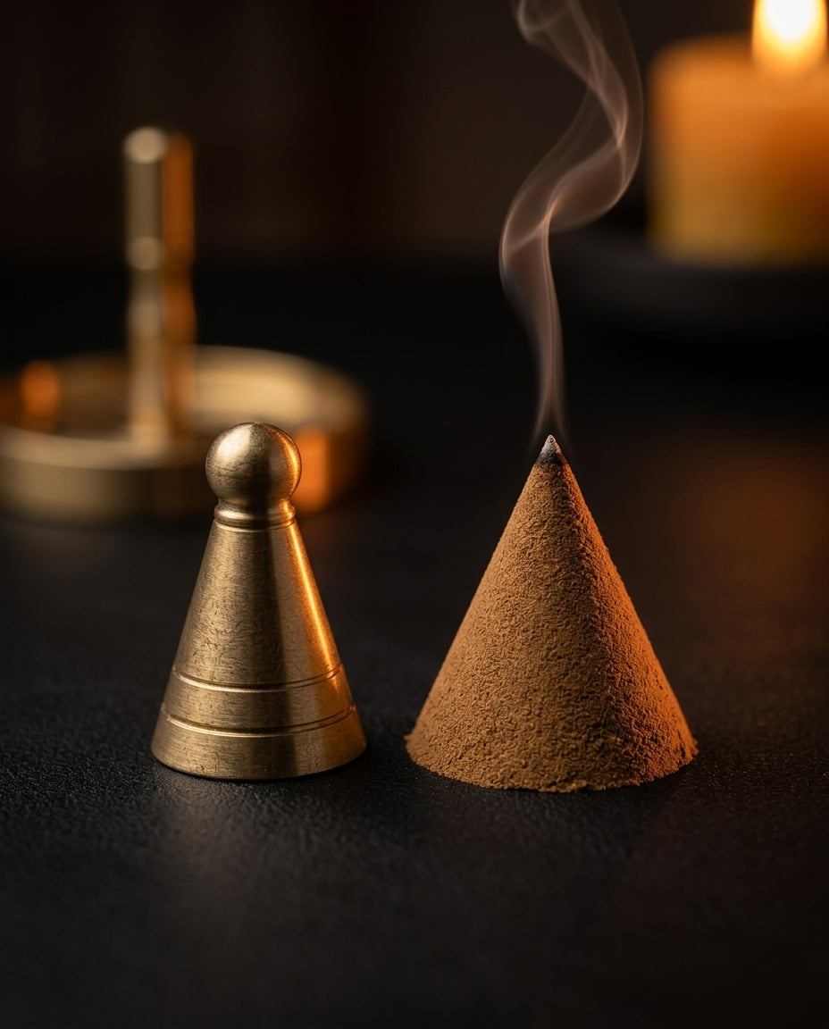 Brass cone press beside a smoking incense cone in moody candlelight