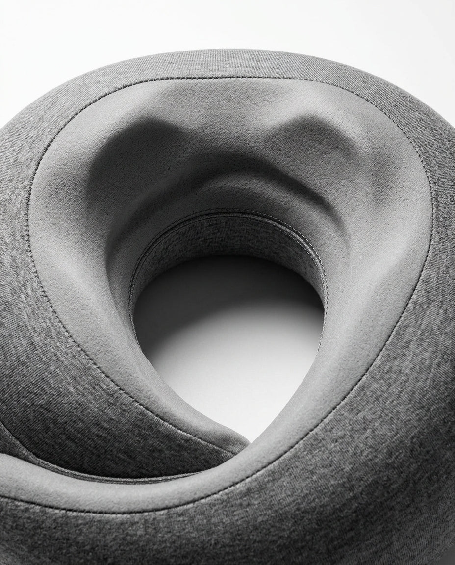 Macro of the contoured inner curve of the grey U-shaped travel neck pillow