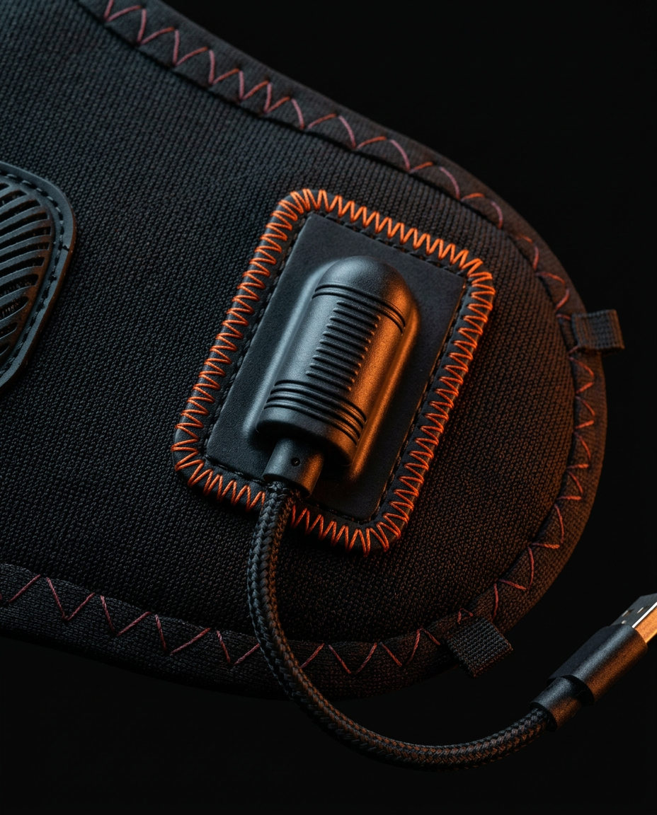 Close-up of the comfort mask control button and USB port with orange accents