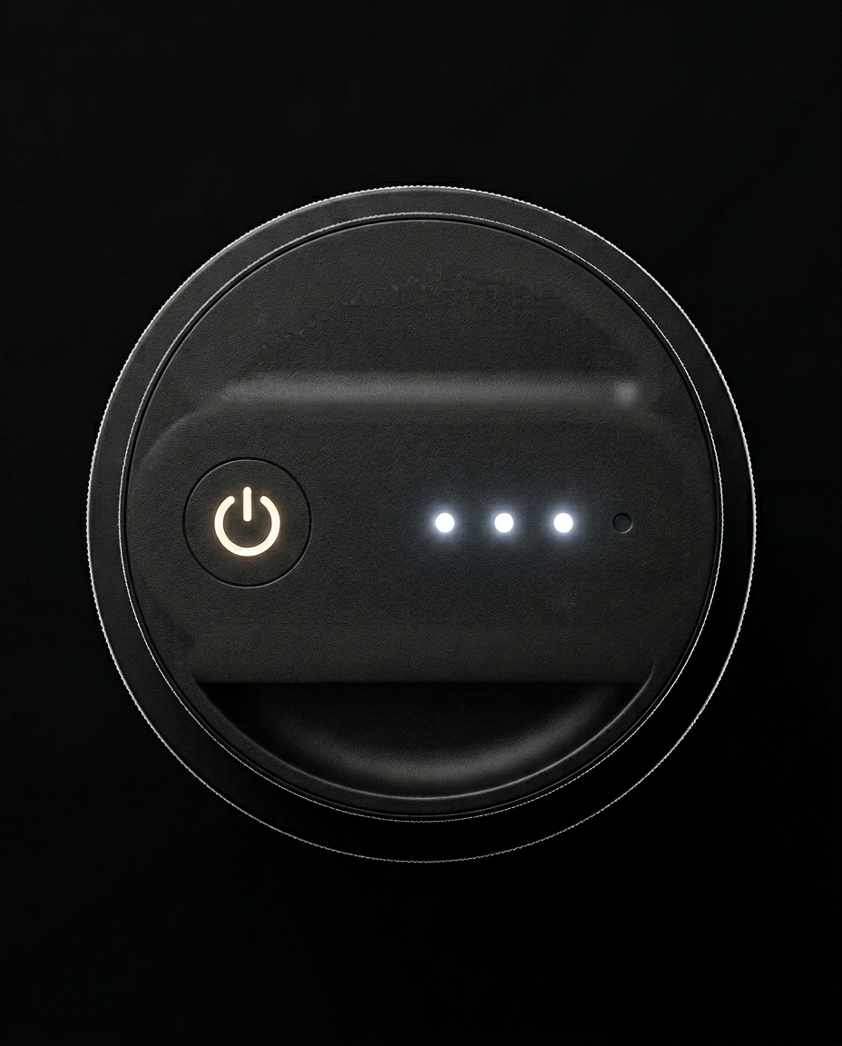 Top view of the dispenser power button and three white LED level lights