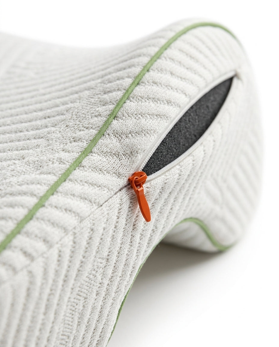 Macro of the orange zipper pull on the ribbed removable couples pillow cover