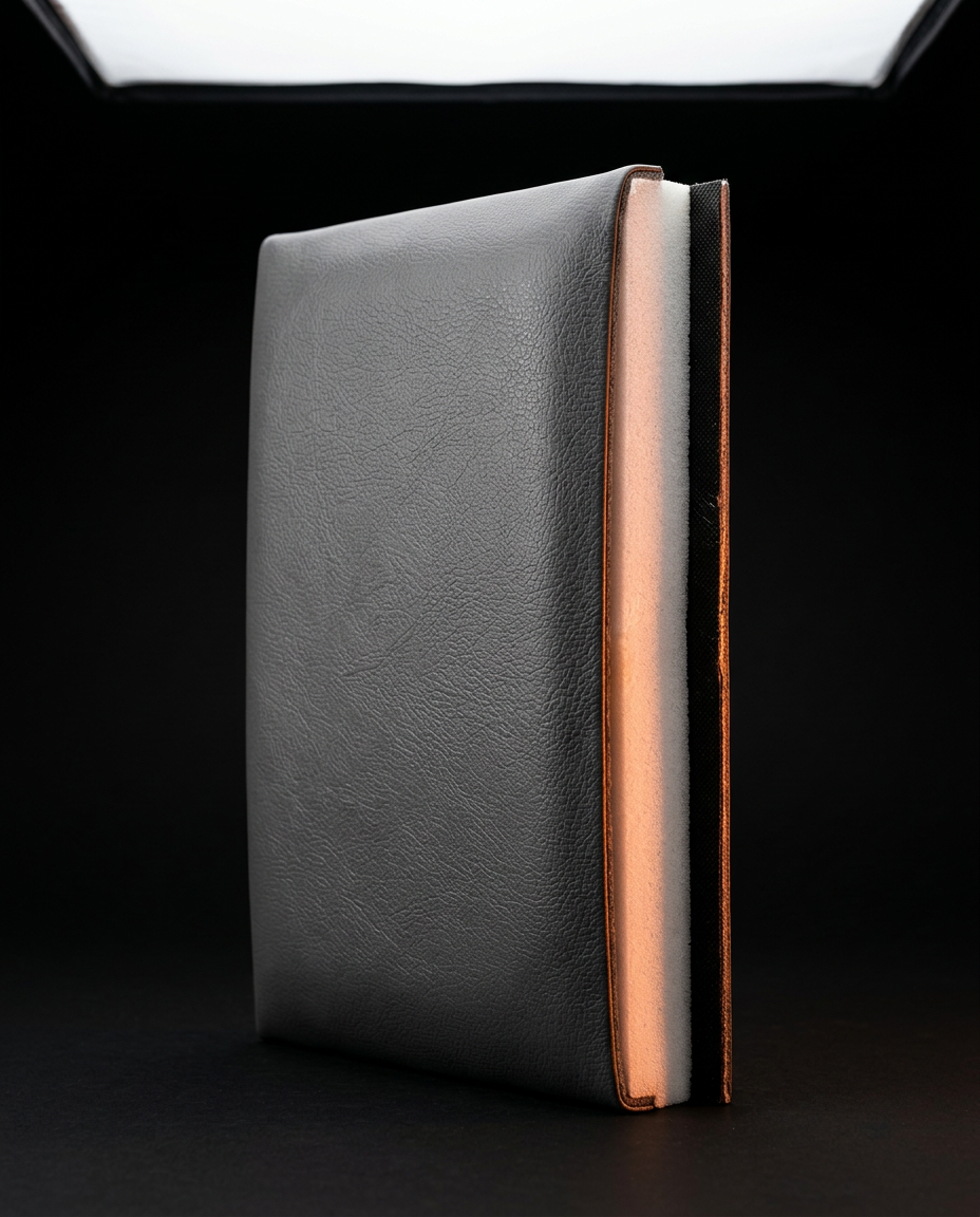 Edge view revealing the soft foam core inside a grey upholstered wall panel