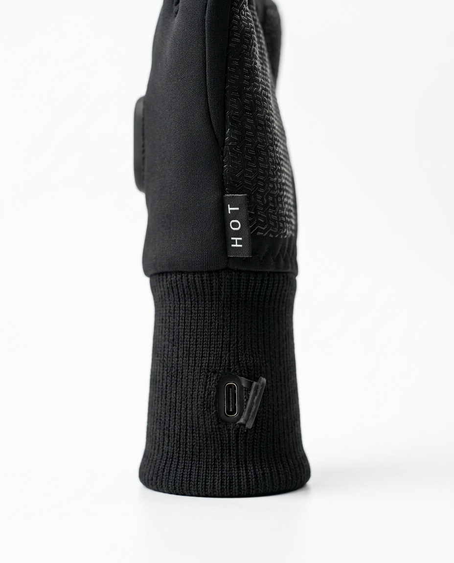 Detail of the ribbed knit wrist cuff and HOT logo on the black heated glove