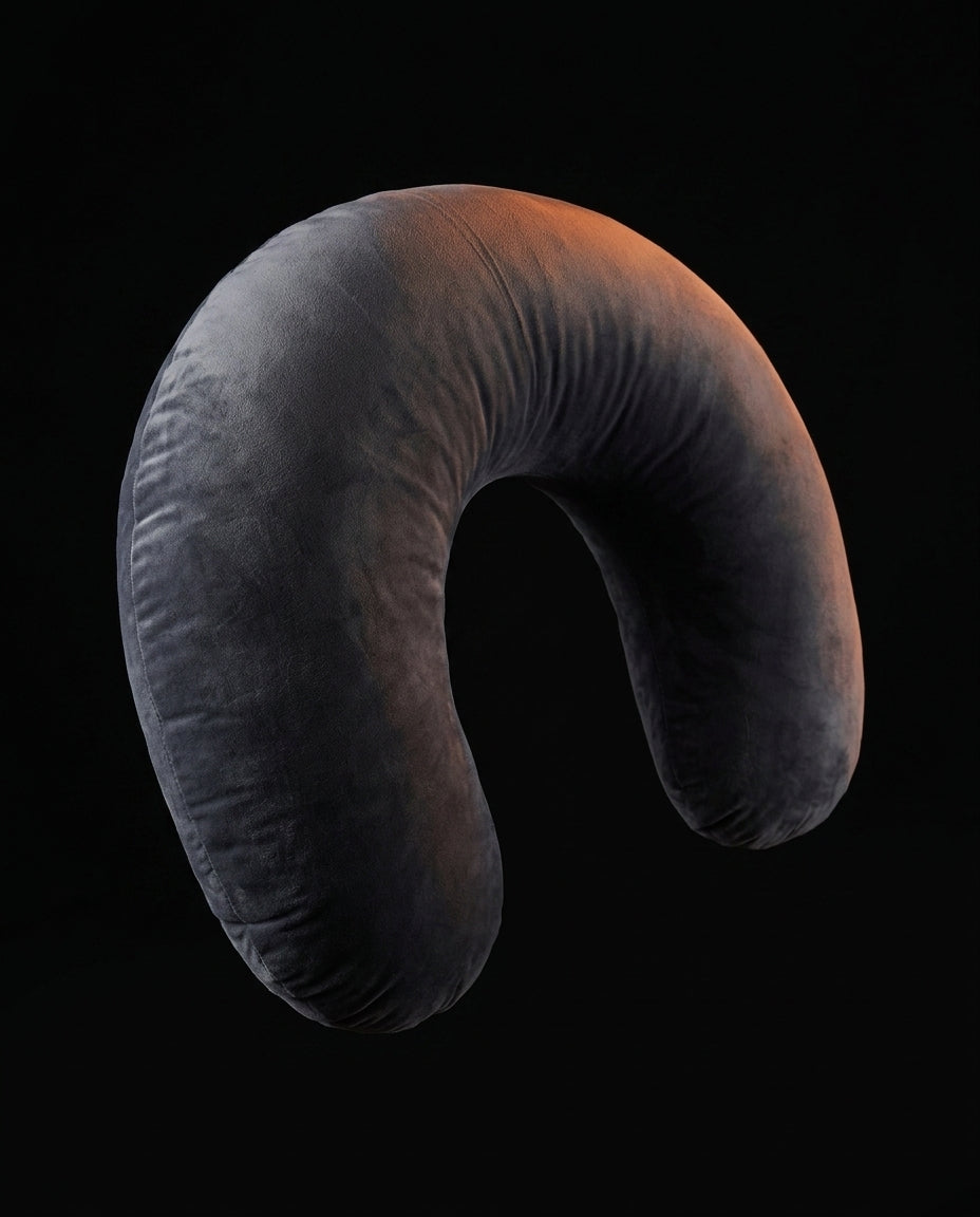 Grey U-shaped body pillow showing its plush curved fill, dark background
